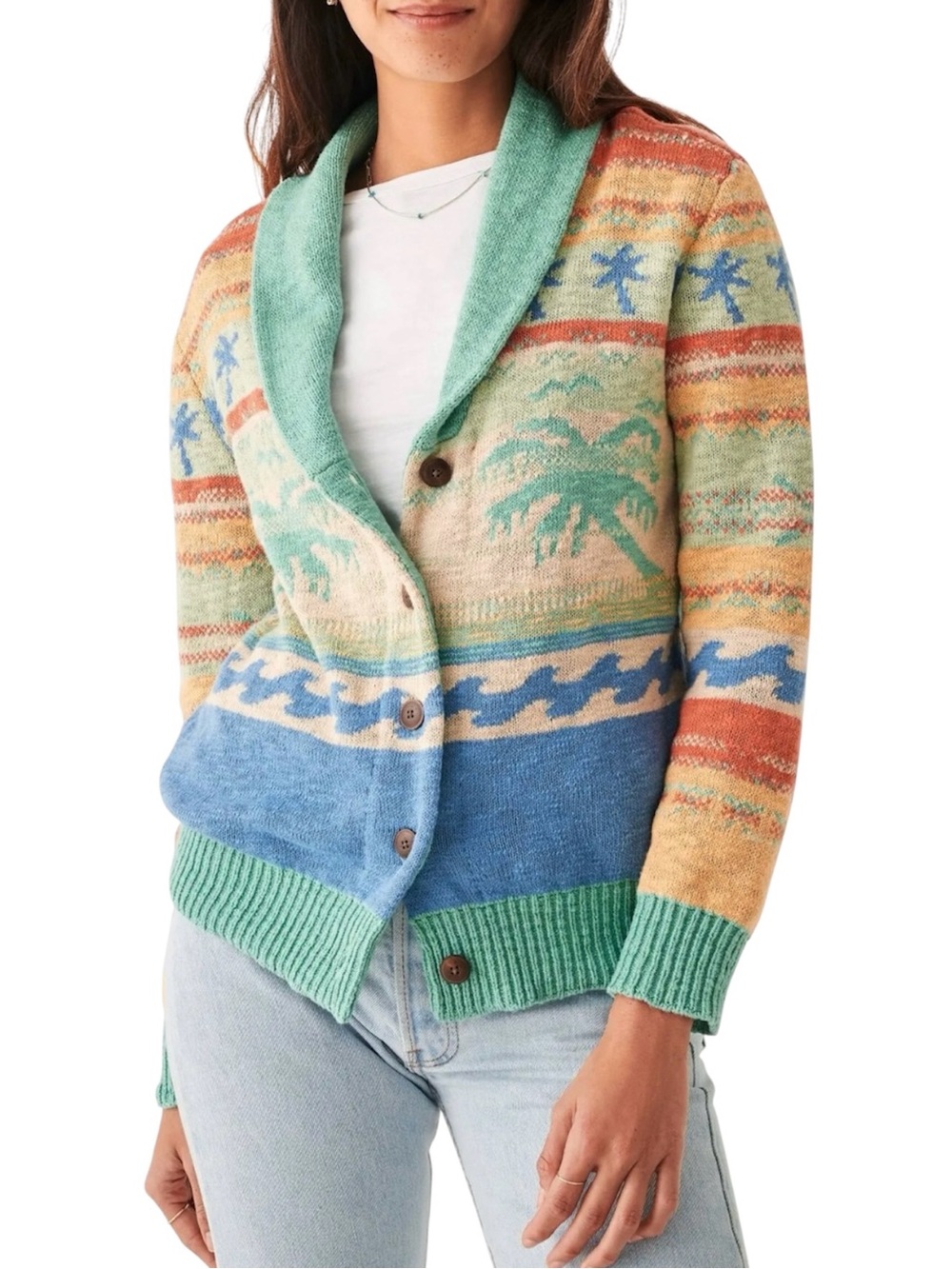 Faherty Palm Isle Organic Cotton Jacquard Shawl Cardigan Sweater Medium